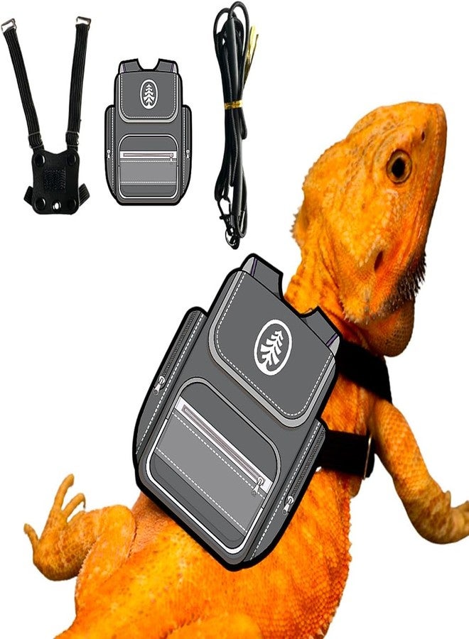 FORZENA Bearded Dragon Harness Leash Soft Leather Harness with Backpack Patch Adjustable Strap Outside Walk Training Leash for Reptile Lizard Amphibians (Grey) - Image 1